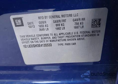 2014 Chevrolet Sonic Lt Auto z USA, uszkodzony, nr VIN 1G1JC6SH3E4135533